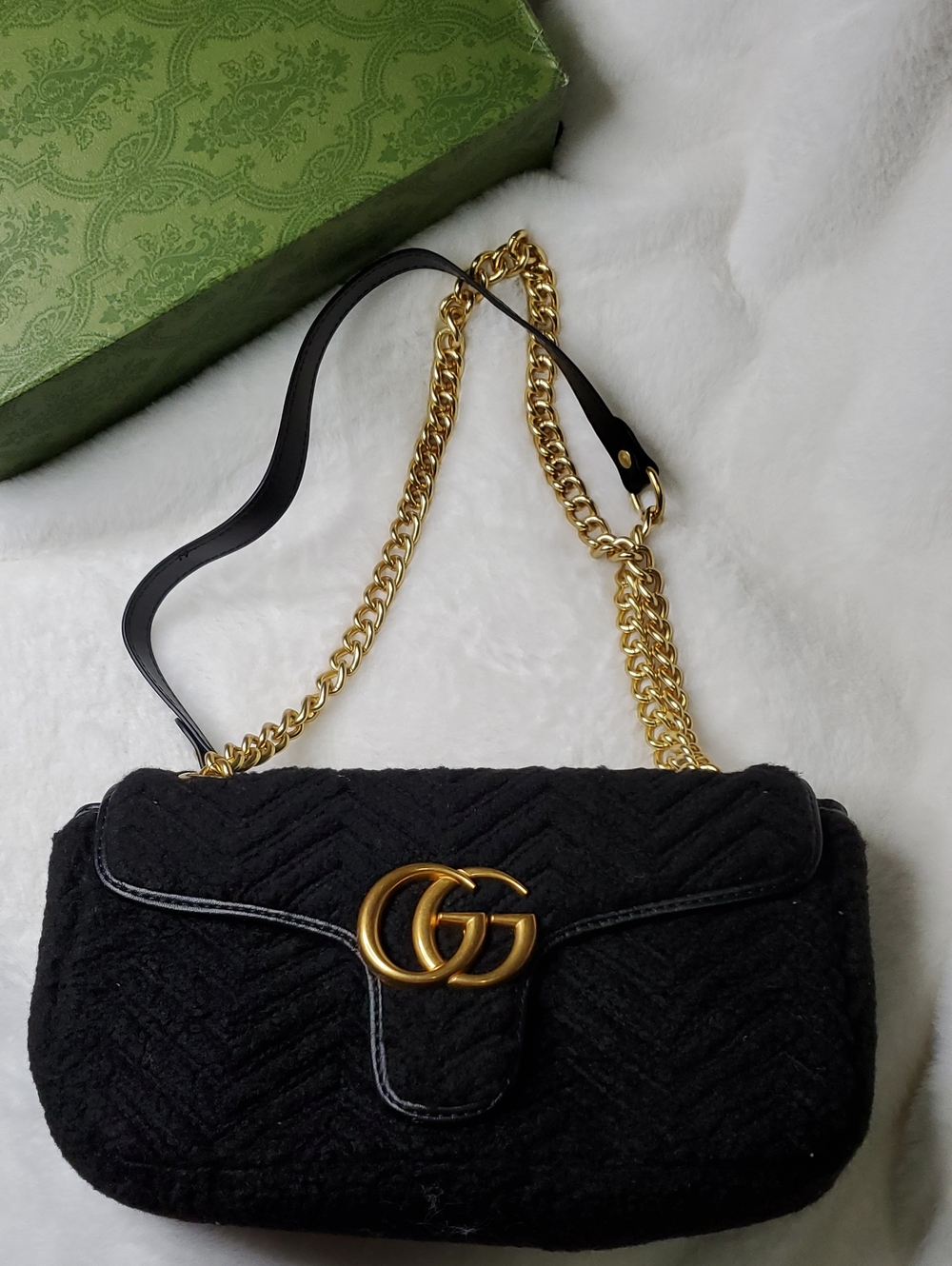 Black Quilted Shoulder Bag with Gold GG Chain